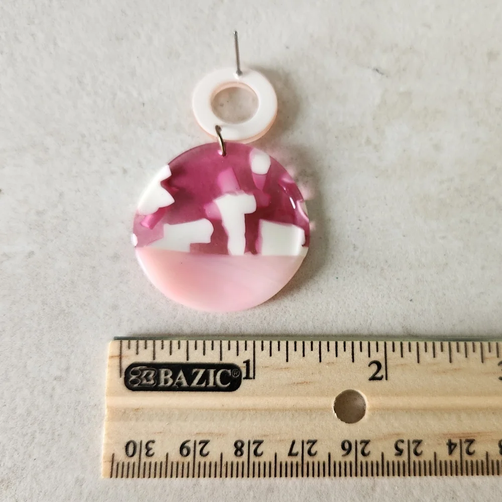 Pink White Acrylic Swirl Round Post Dangle Earrings for Pierced Ears